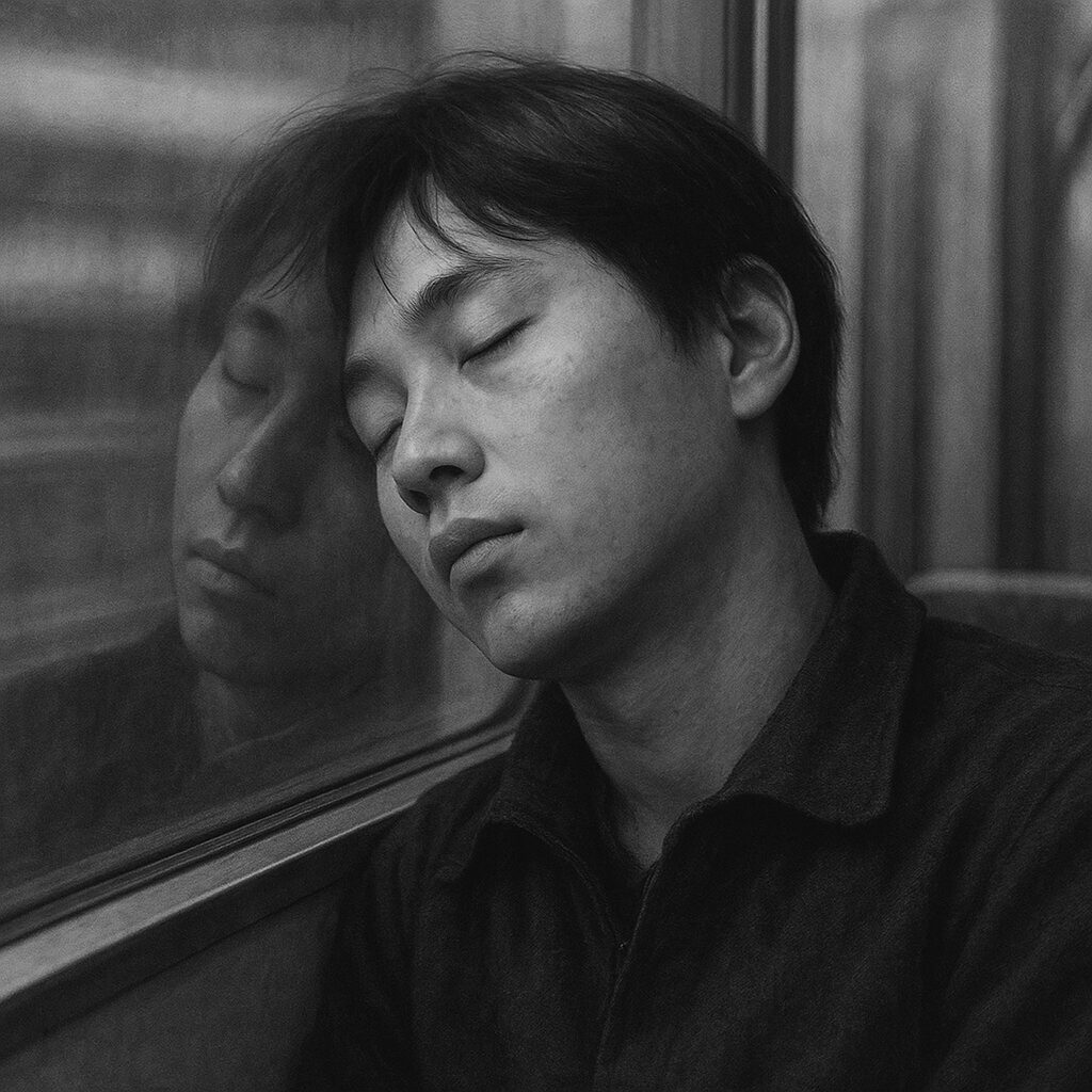 窓に反射する眠る人の横顔。静かなモノクロトーンで、日本の電車文化を象徴する情景。